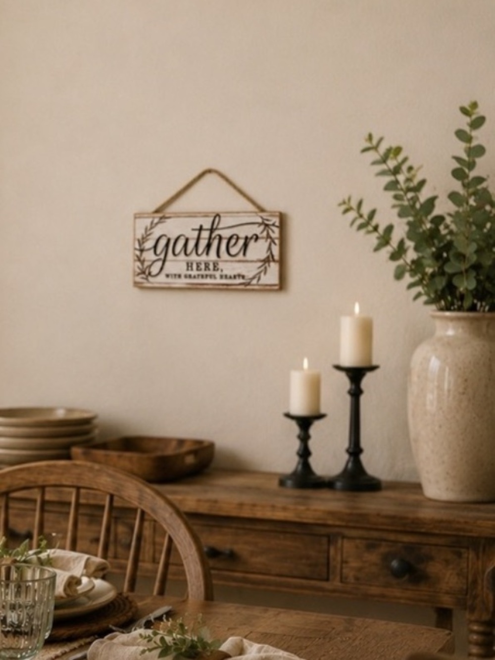 Gather Here Wood Wall Sign - Ivory and Brown Rustic Hanging Decor